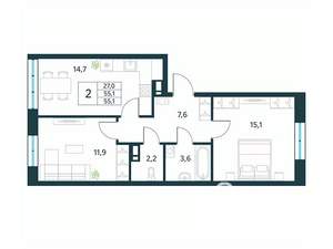 2-к квартира, вторичка, 55м2, 5/18 этаж