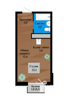 1-к квартира, строящийся дом, 23м2, 2/12 этаж