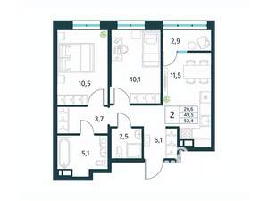 2-к квартира, вторичка, 52м2, 18/18 этаж