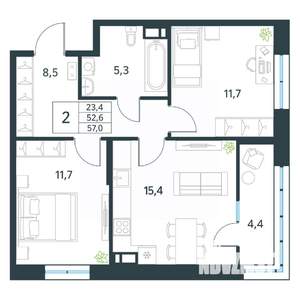 2-к квартира, вторичка, 57м2, 14/18 этаж
