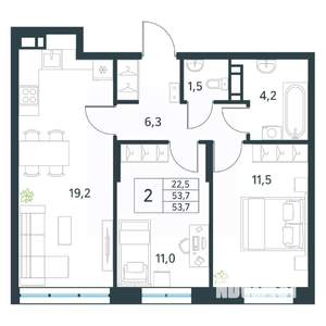 2-к квартира, вторичка, 54м2, 2/18 этаж