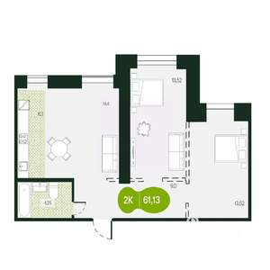 2-к квартира, вторичка, 61м2, 1/16 этаж
