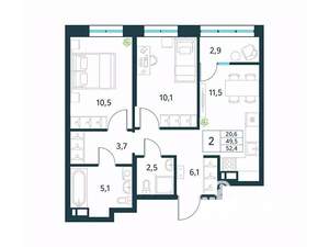 2-к квартира, вторичка, 52м2, 15/18 этаж