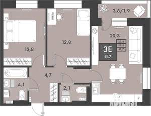 2-к квартира, строящийся дом, 62м2, 14/16 этаж