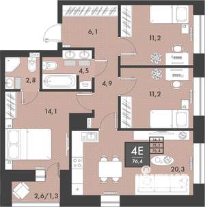 3-к квартира, строящийся дом, 77м2, 11/16 этаж