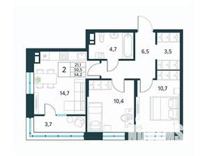2-к квартира, вторичка, 54м2, 10/10 этаж