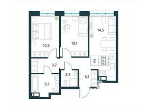 2-к квартира, вторичка, 53м2, 3/18 этаж
