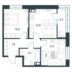 2-к квартира, вторичка, 55м2, 10/18 этаж