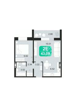 2-к квартира, строящийся дом, 43м2, 4/9 этаж