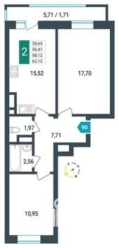 2-к квартира, строящийся дом, 58м2, 8/16 этаж