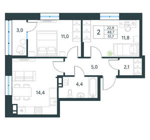 2-к квартира, вторичка, 52м2, 9/10 этаж