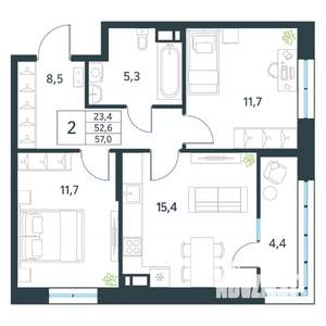 2-к квартира, вторичка, 57м2, 12/18 этаж