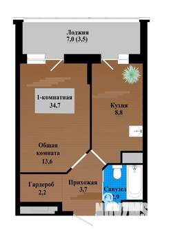 1-к квартира, строящийся дом, 35м2, 8/12 этаж