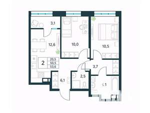 2-к квартира, вторичка, 54м2, 12/18 этаж