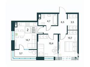 2-к квартира, вторичка, 54м2, 7/10 этаж