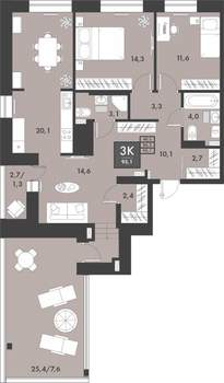 3-к квартира, строящийся дом, 96м2, 15/16 этаж