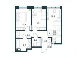2-к квартира, вторичка, 52м2, 3/10 этаж