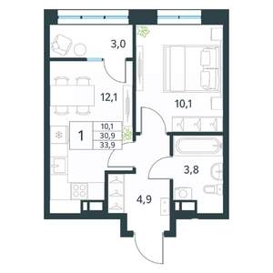 1-к квартира, вторичка, 34м2, 12/18 этаж