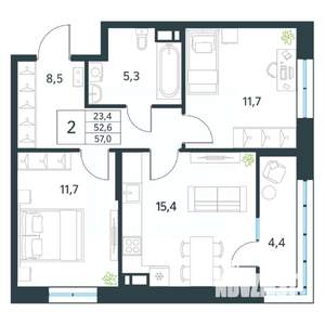 2-к квартира, вторичка, 57м2, 16/18 этаж