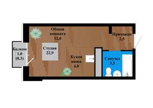 1-к квартира, строящийся дом, 23м2, 3/12 этаж