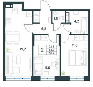 2-к квартира, вторичка, 54м2, 3/18 этаж
