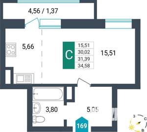 Студия квартира, строящийся дом, 31м2, 6/16 этаж