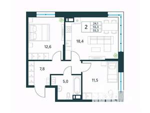 2-к квартира, вторичка, 55м2, 4/18 этаж