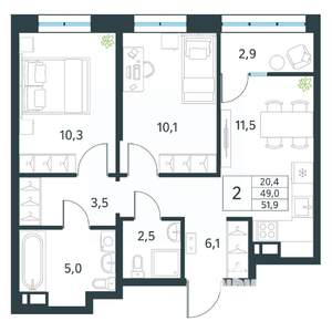 2-к квартира, вторичка, 52м2, 12/18 этаж