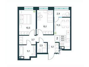 2-к квартира, вторичка, 52м2, 11/18 этаж