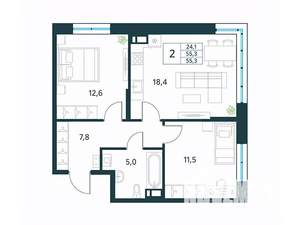 2-к квартира, вторичка, 55м2, 4/18 этаж