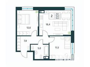 2-к квартира, вторичка, 55м2, 5/18 этаж