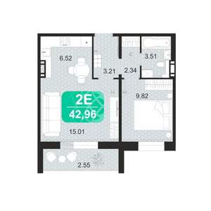 2-к квартира, строящийся дом, 43м2, 1/9 этаж