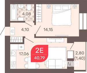 1-к квартира, строящийся дом, 41м2, 4/9 этаж