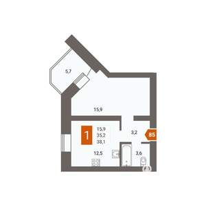 1-к квартира, строящийся дом, 39м2, 12/16 этаж