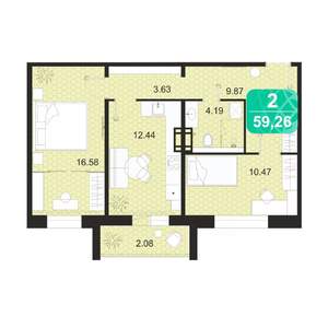 2-к квартира, строящийся дом, 59м2, 9/9 этаж