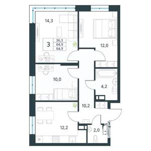 3-к квартира, вторичка, 65м2, 2/18 этаж