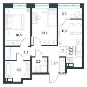 2-к квартира, вторичка, 52м2, 8/18 этаж