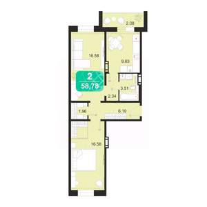 2-к квартира, строящийся дом, 59м2, 3/9 этаж