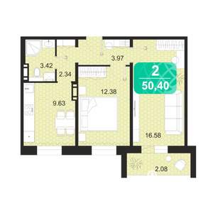 2-к квартира, строящийся дом, 50м2, 1/9 этаж