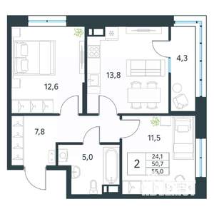 2-к квартира, вторичка, 55м2, 14/18 этаж