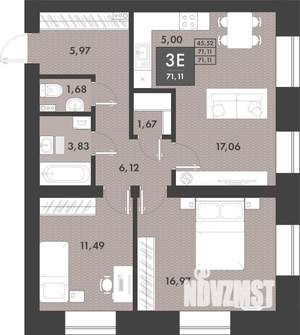 3-к квартира, строящийся дом, 70м2, 2/9 этаж