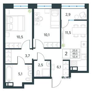 2-к квартира, вторичка, 52м2, 14/18 этаж