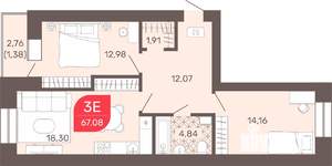 3-к квартира, строящийся дом, 67м2, 8/9 этаж