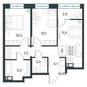 2-к квартира, вторичка, 52м2, 10/18 этаж
