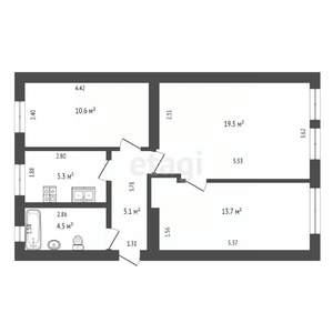 3-к квартира, вторичка, 59м2, 2/2 этаж