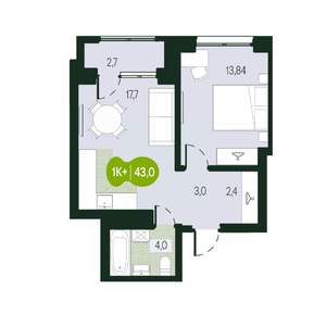 2-к квартира, вторичка, 43м2, 12/17 этаж