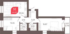2-к квартира, строящийся дом, 65м2, 2/9 этаж