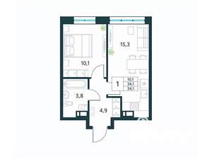 1-к квартира, вторичка, 34м2, 4/18 этаж