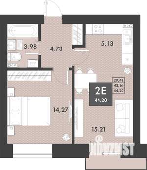 1-к квартира, строящийся дом, 44м2, 4/9 этаж