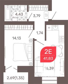 1-к квартира, строящийся дом, 42м2, 6/9 этаж